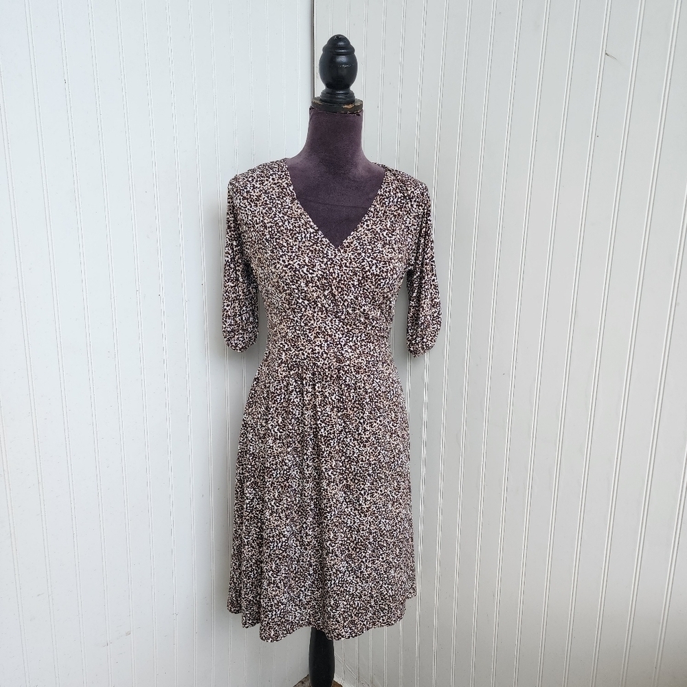 George Wrap Dress Womens Black Tan Brown Dot Print 3/4 Sleeve’s V-Neck S 4/6